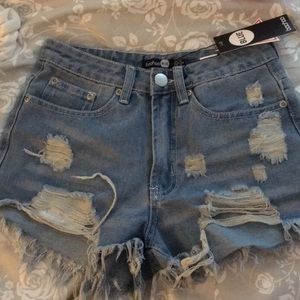 boohoo denim high waisted distressed blue shorts